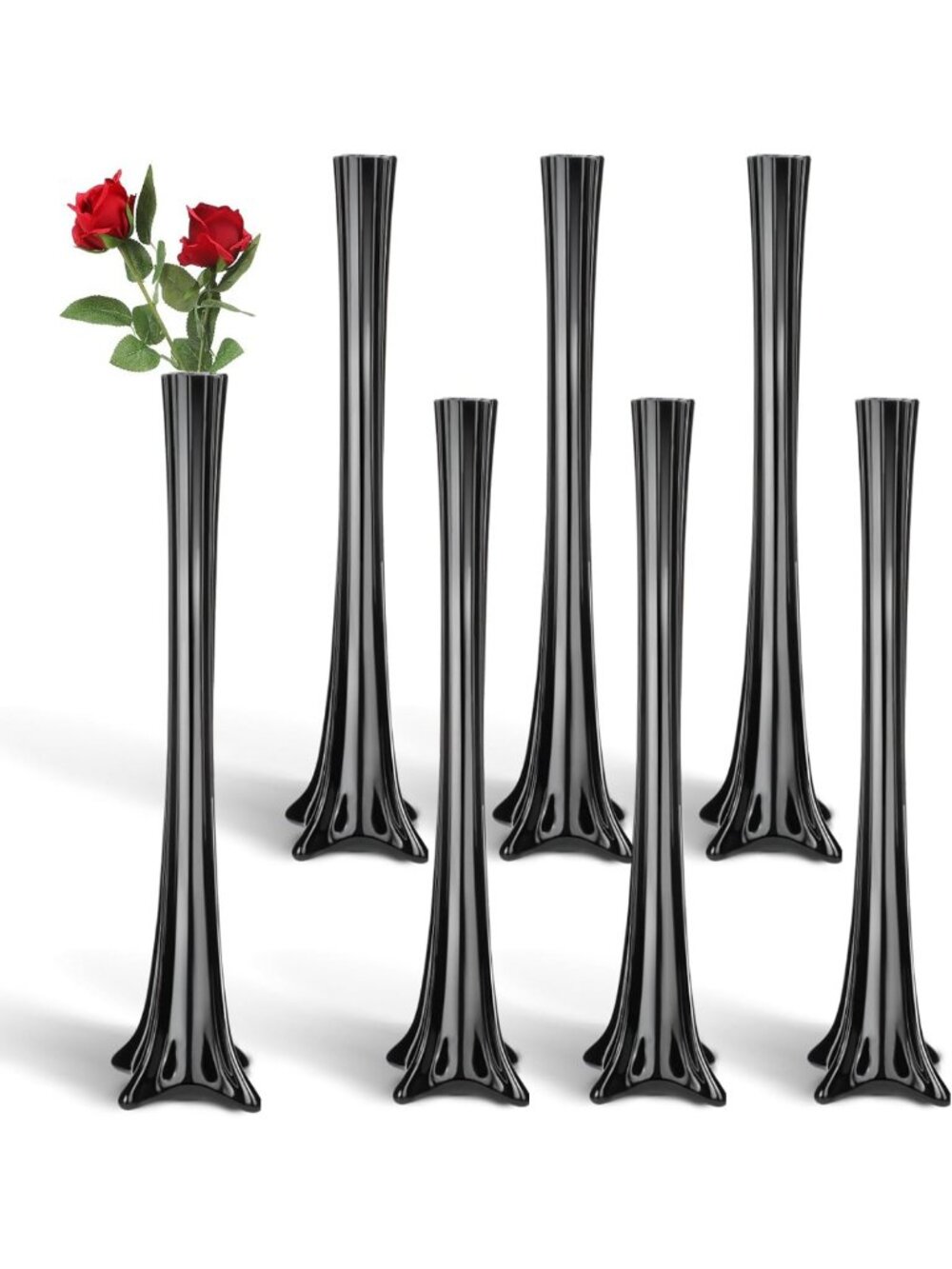 Set of 6 Tall 16-Inch Glass Flute Vases - Elegant Eiffel Tower Design, Black